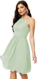 Niulatu Short Halter Top Chiffon Bridesmaid Dresses Tea Length A Line Formal Evening Party Cocktail Dress Dusty HZ1007
