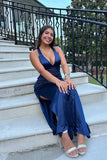 Pretty Mermaid V-neck Navy Blue Criss-cross Back Long Dress Graduation Dress HZ1214