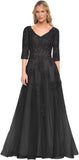 Niulatu Women's V-Neck 3/4 Sleeve Mother of The Bride Dress A-line Tulle Lace Appliques Long Formal Party Dress HZ1007