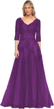 Niulatu Women's V-Neck 3/4 Sleeve Mother of The Bride Dress A-line Tulle Lace Appliques Long Formal Party Dress HZ1007