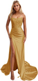 Niulatu Women's Satin Lace Mermaid Prom Dresses Long with Slit 2025 Strapless Formal Evening Party HZ1007