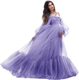 Niulatu Sleeve Maternity Dress Tulle Robe for Photoshoot Off Shoulder Pregnancy Baby Shower HZ1007