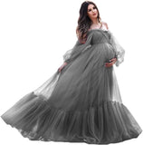 Niulatu Sleeve Maternity Dress Tulle Robe for Photoshoot Off Shoulder Pregnancy Baby Shower HZ1007