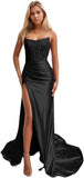 Niulatu Women's Satin Lace Mermaid Prom Dresses Long with Slit 2025 Strapless Formal Evening Party HZ1007