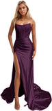 Niulatu Women's Satin Lace Mermaid Prom Dresses Long with Slit 2025 Strapless Formal Evening Party HZ1007