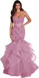 Niulatu Women's Lace Applique Tulle Prom Dresses Long Mermaid Ruffles Sparkly Formal Evening Party HZ1007