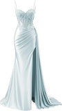Niulatu Mermaid Spaghetti Straps Sage Green Long Satin Prom Dresses Formal Evening Dress SD2416