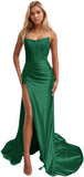 Niulatu Women's Satin Lace Mermaid Prom Dresses Long with Slit 2025 Strapless Formal Evening Party HZ1007