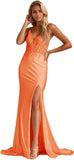 Niulatu Women's Lace Applique Mermaid Prom Dresses Long with Slit Stretchy Satin V Neck Formal Evening HZ1007