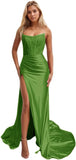 Niulatu Women's Satin Lace Mermaid Prom Dresses Long with Slit 2025 Strapless Formal Evening Party HZ1007