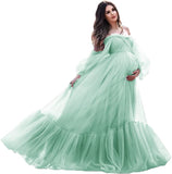 Niulatu Sleeve Maternity Dress Tulle Robe for Photoshoot Off Shoulder Pregnancy Baby Shower HZ1007