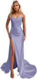 Niulatu Women's Satin Lace Mermaid Prom Dresses Long with Slit 2025 Strapless Formal Evening Party HZ1007