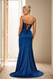 Niulatu Women's Satin Lace Mermaid Prom Dresses Long with Slit 2025 Strapless Formal Evening Party HZ1007
