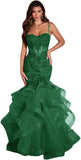 Niulatu Women's Lace Applique Tulle Prom Dresses Long Mermaid Ruffles Sparkly Formal Evening Party HZ1007
