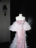 Niulatu Pink Strapless Sequins Feathers Mermaid Evening Dress Slit Prom Dress HZ1007