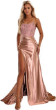 Niulatu Women's Satin Lace Mermaid Prom Dresses Long with Slit 2025 Strapless Formal Evening Party HZ1007