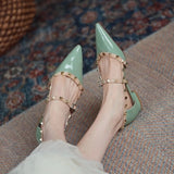 Niulatu Strap Cut Out D'orsy Studded Rockstud Patent Leather Rivet Flats T-Strap Buckle Walking Soft Women Shoes Travel Size DJSE