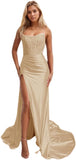 Niulatu Women's Satin Lace Mermaid Prom Dresses Long with Slit 2025 Strapless Formal Evening Party HZ1007