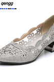 Niulatu Fashion Hollow Out Genuine Leather Pumps Women Shoes Med Heels Square Heel Mesh Ladies Office Shoes Crystal AD299 DJSE