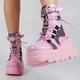 Niulatu Womens Fashion Hot Sale Short Ankle Pink Boots Sweet Cute Platform Wedges Goth Boots Zipper Lace Up Shoes Woman Brand New Casual DJSE