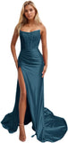 Niulatu Women's Satin Lace Mermaid Prom Dresses Long with Slit 2025 Strapless Formal Evening Party HZ1007