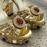 Niulatu Women Chunky High Heels Shoes Platform Sandals For Women Rhinestone Metallic Gold Leather Shoes Woman Peep Toe Wedding Shoes DJSE