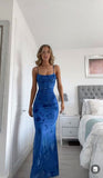 Classy Mermaid Spaghetti Straps Floral Blue Prom Dresses Satin Summer Wedding Guest Dresses Wedding Guest Outfits HZ1214