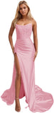 Niulatu Women's Satin Lace Mermaid Prom Dresses Long with Slit 2025 Strapless Formal Evening Party HZ1007