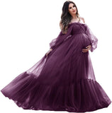 Niulatu Sleeve Maternity Dress Tulle Robe for Photoshoot Off Shoulder Pregnancy Baby Shower HZ1007