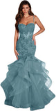 Niulatu Women's Lace Applique Tulle Prom Dresses Long Mermaid Ruffles Sparkly Formal Evening Party HZ1007