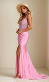 Niulatu Women's Lace Applique Mermaid Prom Dresses Long with Slit Stretchy Satin V Neck Formal Evening HZ1007