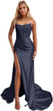 Niulatu Women's Satin Lace Mermaid Prom Dresses Long with Slit 2025 Strapless Formal Evening Party HZ1007
