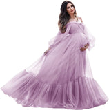 Niulatu Sleeve Maternity Dress Tulle Robe for Photoshoot Off Shoulder Pregnancy Baby Shower HZ1007