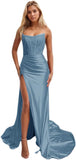 Niulatu Women's Satin Lace Mermaid Prom Dresses Long with Slit 2025 Strapless Formal Evening Party HZ1007