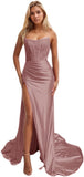 Niulatu Women's Satin Lace Mermaid Prom Dresses Long with Slit 2025 Strapless Formal Evening Party HZ1007