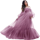 Niulatu Sleeve Maternity Dress Tulle Robe for Photoshoot Off Shoulder Pregnancy Baby Shower HZ1007