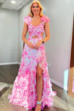 Sexy Pink Floral Cutouts A-line Ruffle Long HZ0308