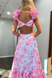 Sexy Pink Floral Cutouts A-line Ruffle Long HZ0308