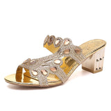 Niulatu 2025 Rhinestone Slippers Ladies Chunky Heels Hollow Casual Slippers Fashion Beach Shoes Woman Sandalias De Mujer DJSE