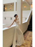 Niulatu One Shoulder Floor-length Sleeveless White Long Prom Dresses SD2003