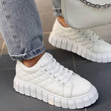 Niulatu Women Autumn Pu Leather Sneakers Sewing Lace-Up Platform Flats Vulcanized Shoes Thick Sole Brief Casual White Black Canvas Shoes DJSE