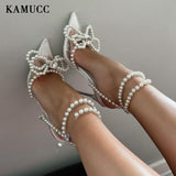 Niulatu Women Shoes Crystal Heel Sandals Sexy High Heels Sandals Summer Party Wedding Shoes Pearls Bowtie Pumps Big Size 42 DJSE