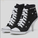 Niulatu Women Canvas Shoes Denim High Heels Black Rivets Shoes Fashion Shoe Laces Sneakers Women Short Boots DJSE
