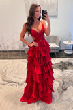 Red Straps Satin Cutouts A-line Ruffle Prom HZ0308