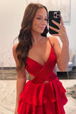 Red Straps Satin Cutouts A-line Ruffle Prom HZ0308