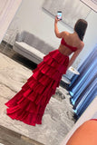 Red Straps Satin Cutouts A-line Ruffle Prom HZ0308