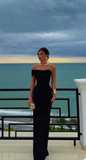 Niulatu Sheath Off The Shoulder Black Long Prom Dresses Party Dress SD1329