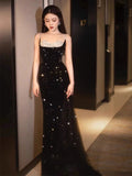 Niulatu Mermaid Spaghetti Straps Black Sequin Long Prom Dresses Party Dress With Beads HZ1110