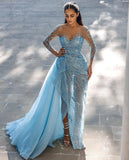 Niulatu Sheath Scoop Long Sleeves Sequin Slit Prom Dress Evening Dresses HZ1110