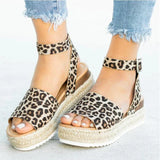 Niulatu Women Casual Sandals Fish Mouth Hemp Rope Platform Wedge Shoes Fashion Round Toe Buckle Leopard Print Beach Flats Plus Size DJSE